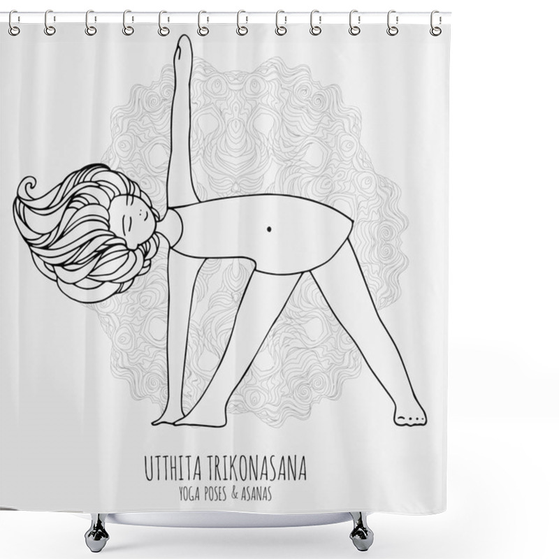 Personality  Cute Girl Doing Yoga. Yoga Poses And Asanas In Hand-drawn Style. Woman Doing Yoga Exercises. Yoga And Relaxation, Doodle Vector Illustration. Yoga Woman Poses. Shower Curtains