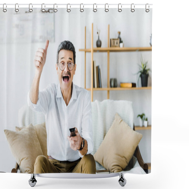 Personality  Happy Senior Man With Mustache Holding Remote Control And Showing Thumb Up At Home Shower Curtains