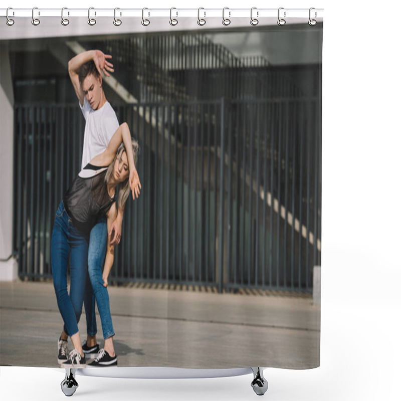 Personality  Young Couple Of Dancers Practicing On Urban City Street   Shower Curtains