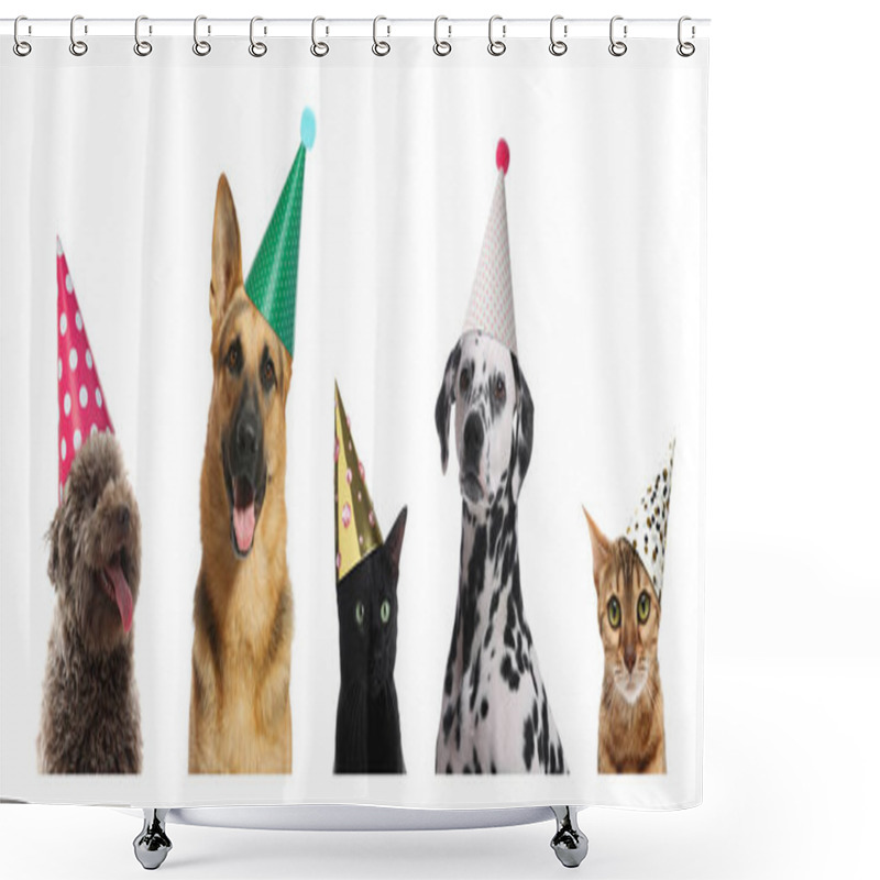 Personality  Many Different Animals With Party Hats On White Background, Collage Shower Curtains