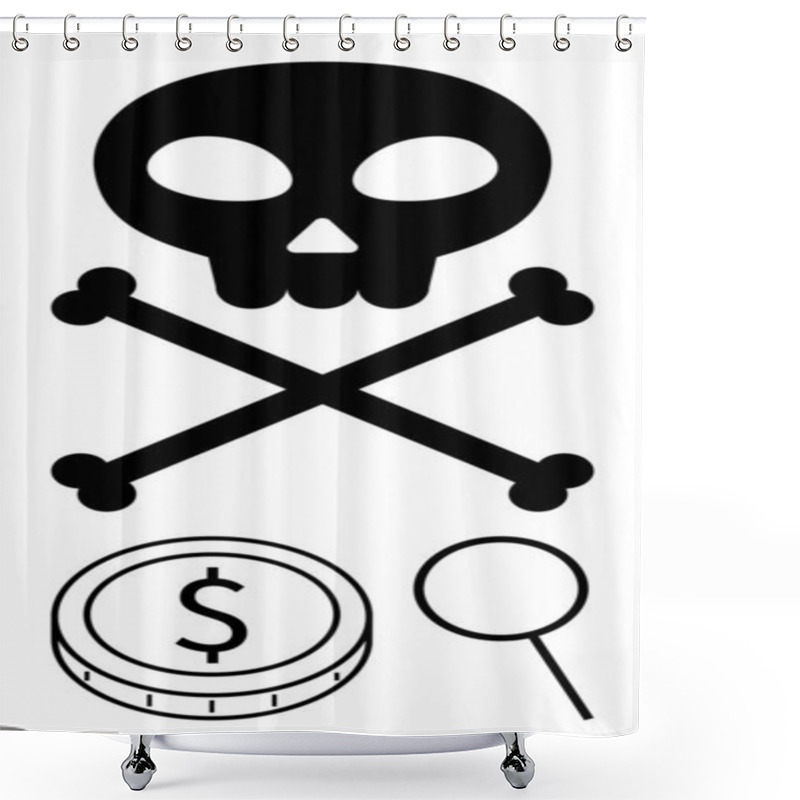 Personality  Skull And Crossbones Above A Dollar Coin And Magnifying Glass, Symbolizing Financial Risks, Piracy, Fraud. Ideal For Warnings, Investigations, Crime, Scams, Danger Or Abstract Line Flat Metaphor Shower Curtains