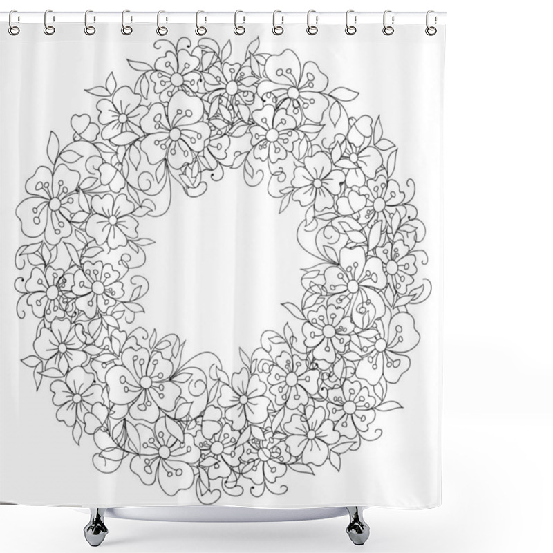 Personality  Monochrome Vector Doodle Floral Wreath With Hand Drawn Flowers In Folk Style. Page For Coloring Book: Very Interesting And Relaxing Job For Children And Adults Shower Curtains