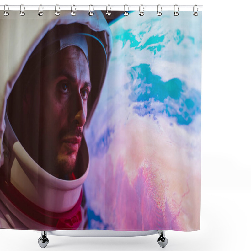 Personality  Astronaut Looking Planet Earth From The Window Of His Capsule. C Shower Curtains