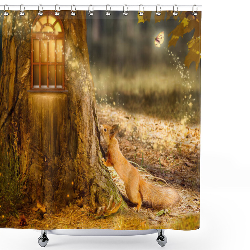 Personality  Squirrel (Sciurus Vulgaris) Near Fantasy House In Pine Tree With Glowing Window, Magical Glade In Enchanted Fairy Tale Forest, Cute Animal And Butterfly In Fairytale Wood, Mysterious Nature Background Shower Curtains