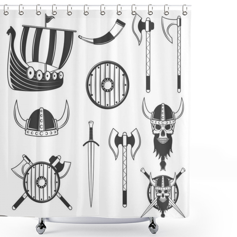 Personality  Set Of Black Viking Elements Isolated On White Background Shower Curtains