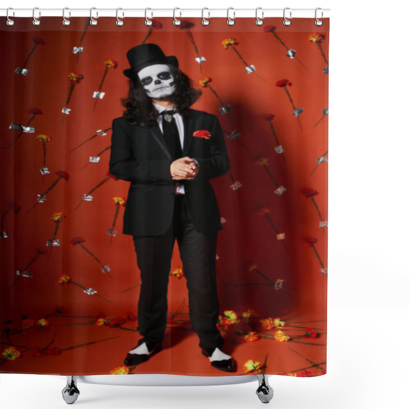 Personality  Full Length Of Man In Skull Makeup And Festive Attire On Red Floral Backdrop, Dia De Los Muertos Shower Curtains