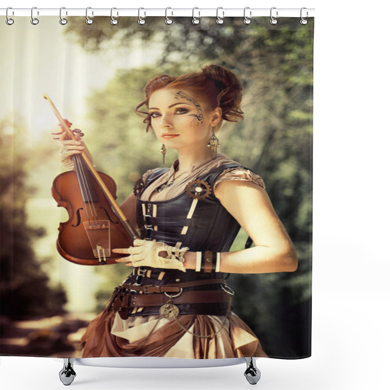 Personality  Beautiful Redhair Woman With Body Art On Her Face Holding Violin Shower Curtains