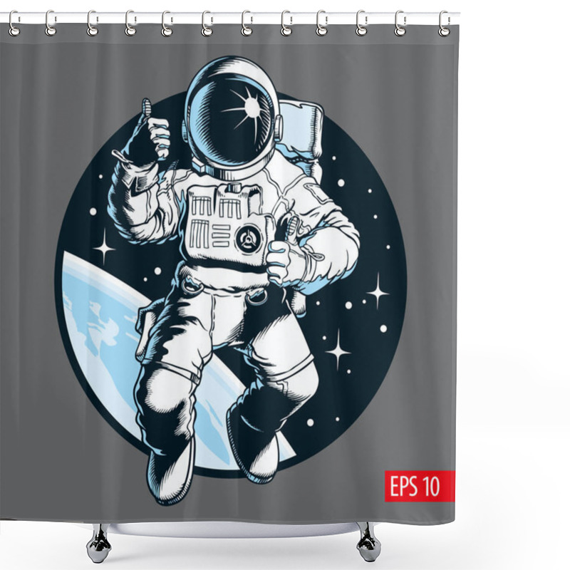 Personality  Astronaut In Space. Thumb Up. Space Tourist. Comic Style Vector Illustration. Shower Curtains