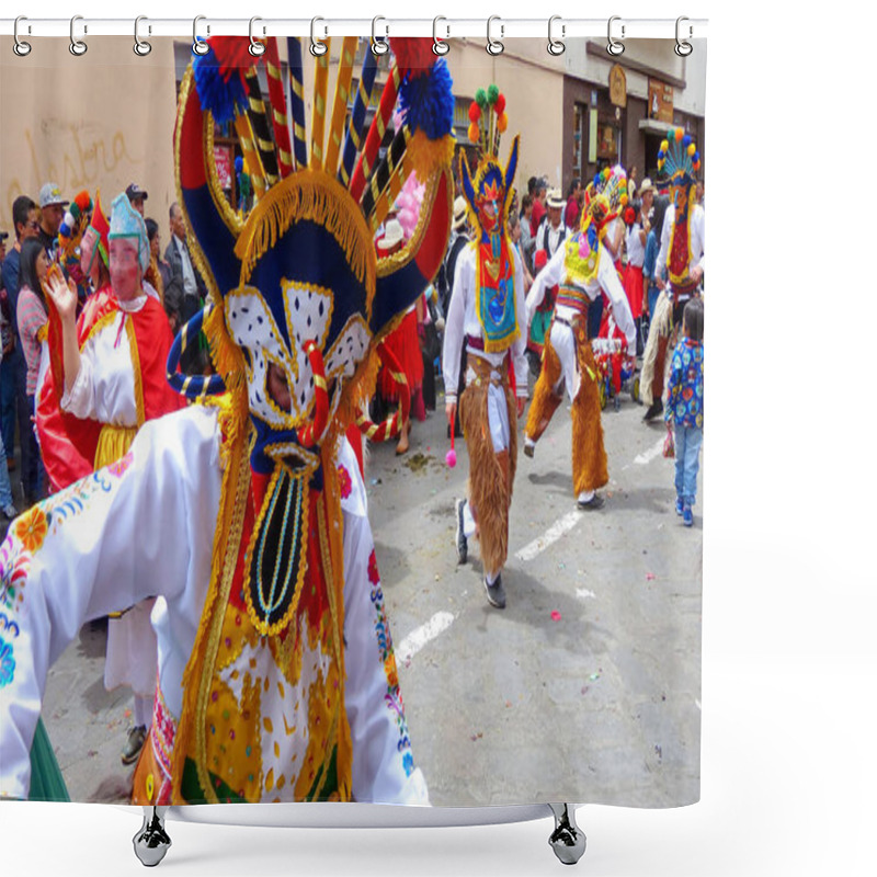 Personality  Cuenca, Ecuador - December 24, 2018: Dancers Dressed As Characters Of Inti Raymi Celebration Called Diablo Huma (Devil) At The Annual Pase Del Nino Christmas Parade At Historic Center Of City Cuenca Shower Curtains