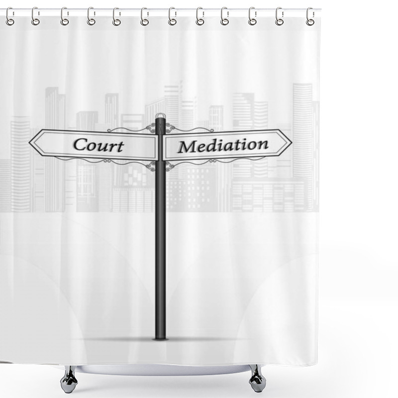 Personality  Court Mediation Waymark On White Cityscape Background Vertical Vector Illustration Shower Curtains