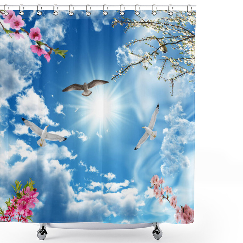 Personality  3d Flower , Butterfly Sky And Flower Home Brick Wall Background Shower Curtains