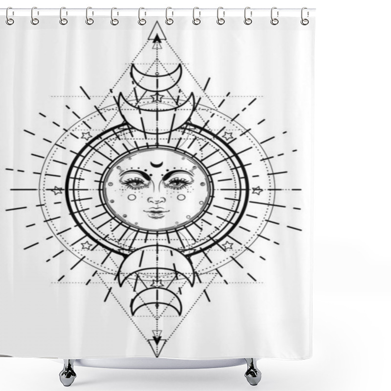 Personality  Sun And Triple Moon Pagan Wicca Moon Goddess Symbol. Three Faced Goddess, Maiden, Mother, Crone Isolated Vector Illustration. Tattoo, Astrology, Alchemy, Boho And Magic Symbol. Coloring Book.. Shower Curtains