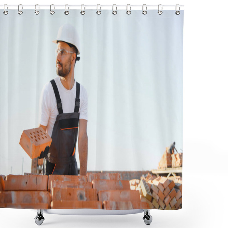 Personality  Construction Worker In Uniform And Safety Equipment Have Job On Building. Industrial Theme. Shower Curtains