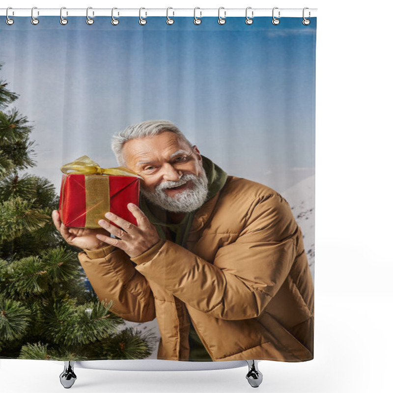 Personality  Happy Man Dressed As Santa In Warm Jacket Holding Present Near Ear With Mountains Backdrop, Winter Shower Curtains