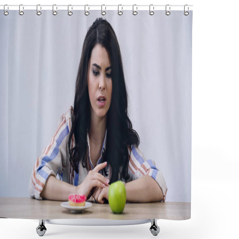 Personality  Brunette Woman Choosing Between Apple And Doughnut Isolated On Grey Shower Curtains