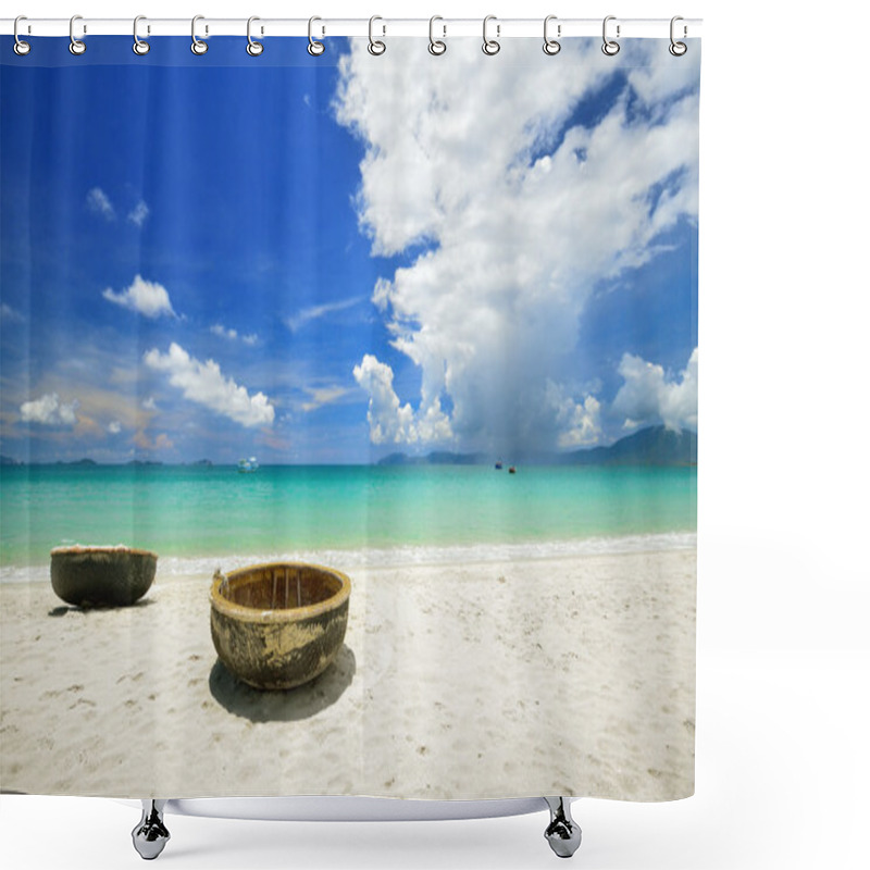 Personality  Traditional Vietnamese Boats On The Beach Shower Curtains