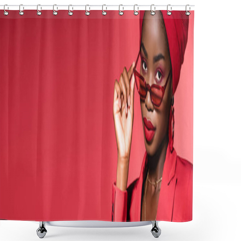 Personality  African American Young Woman In Stylish Outfit, Sunglasses And Turban Isolated On Red, Banner Shower Curtains