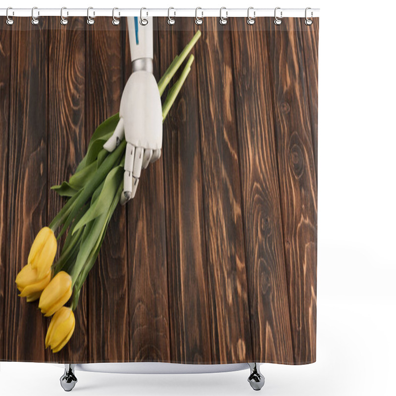 Personality  Cropped Shot Of Robot Holding Beautiful Bouquet Of Yellow Tulips On Wooden Surface Shower Curtains