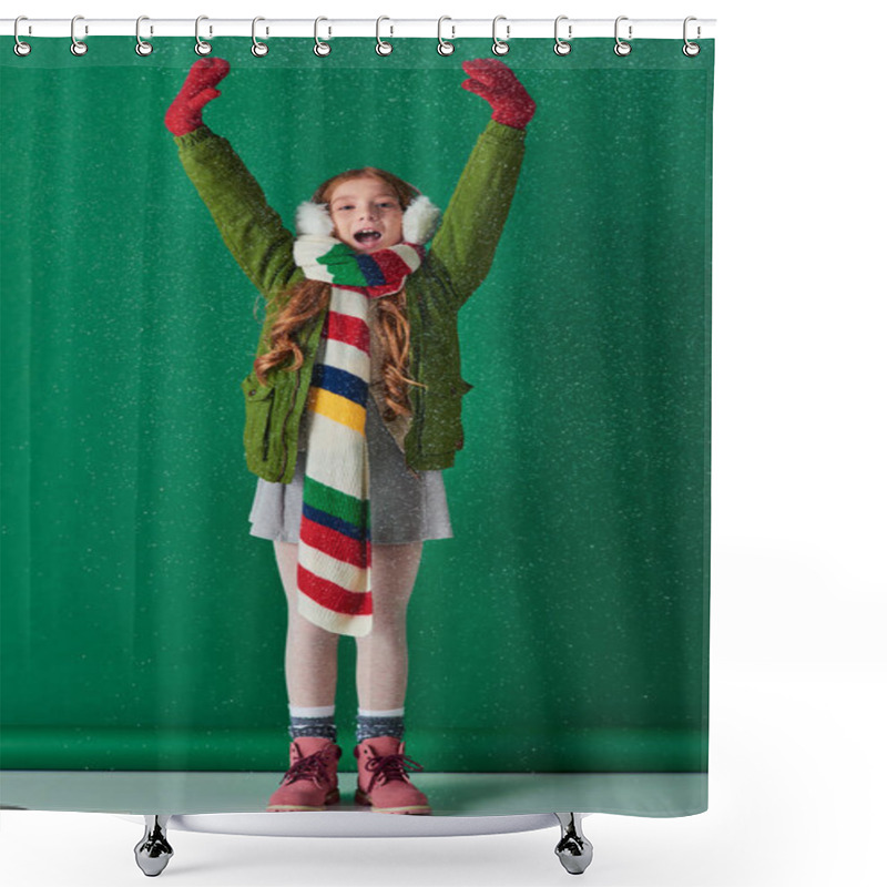 Personality  Excited Girl In Ear Muffs, Striped Scarf And Winter Attire Standing Under Falling Snow On Turquoise Shower Curtains