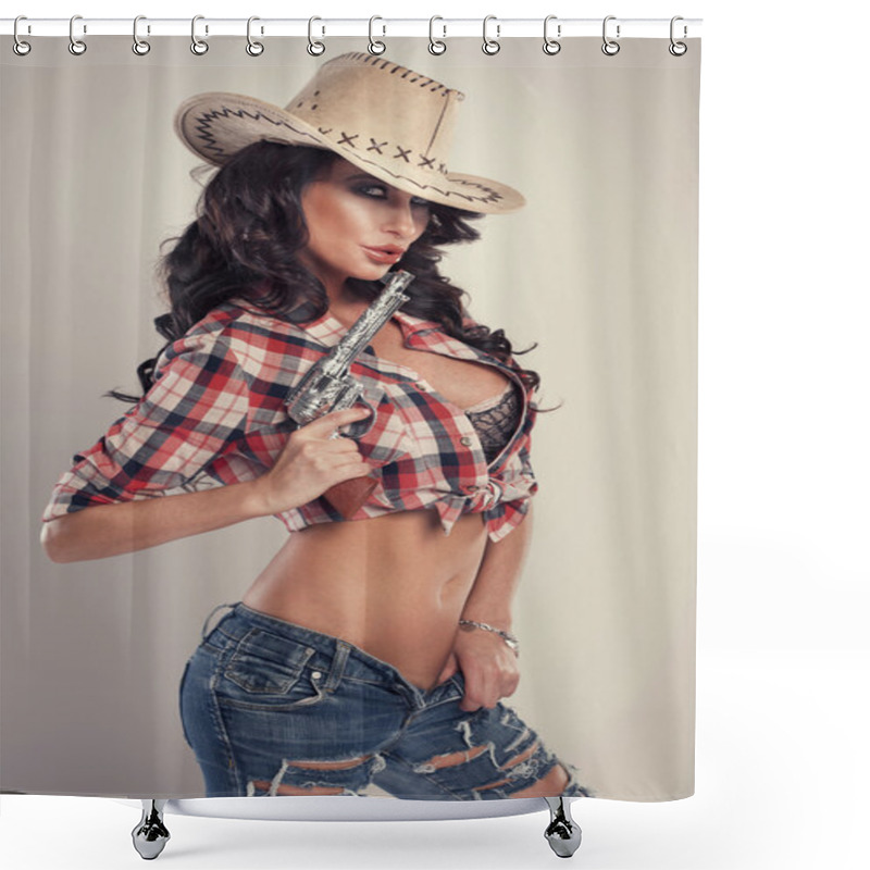 Personality  Beautiful Brunette Cowgirl. Shower Curtains