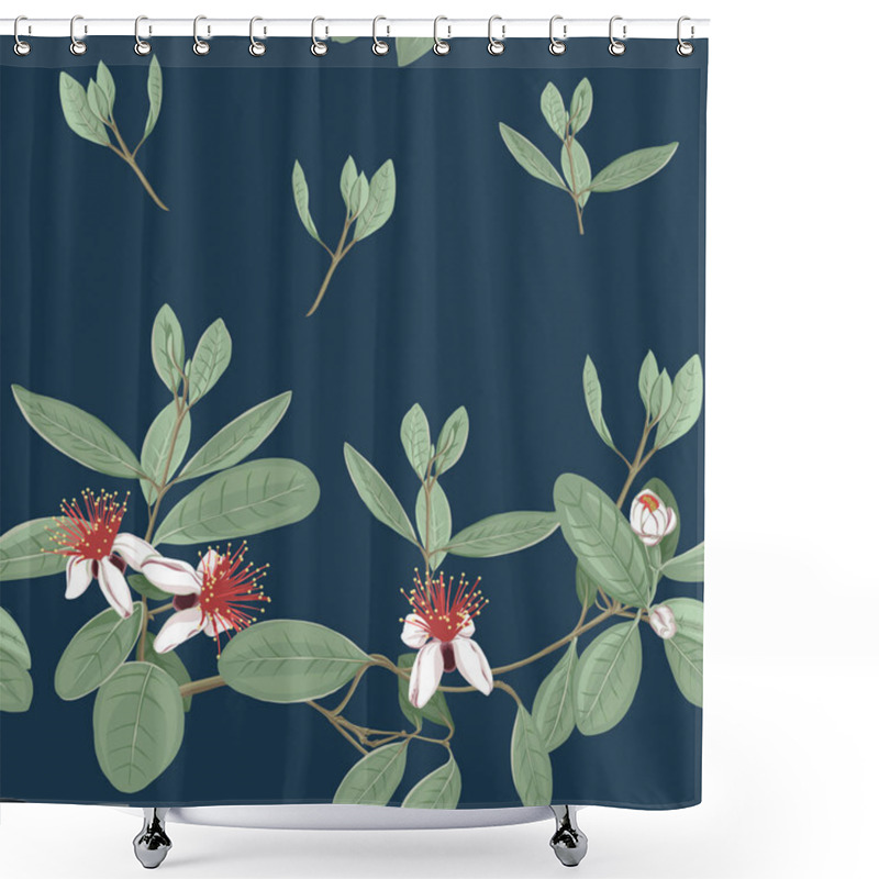 Personality  Seamless Pattern, Background With Floral Pattern With Feijoa Blooming Flowers. Vector Illustration Without Gradients And Transparency.  On Dark Blue Background. Shower Curtains