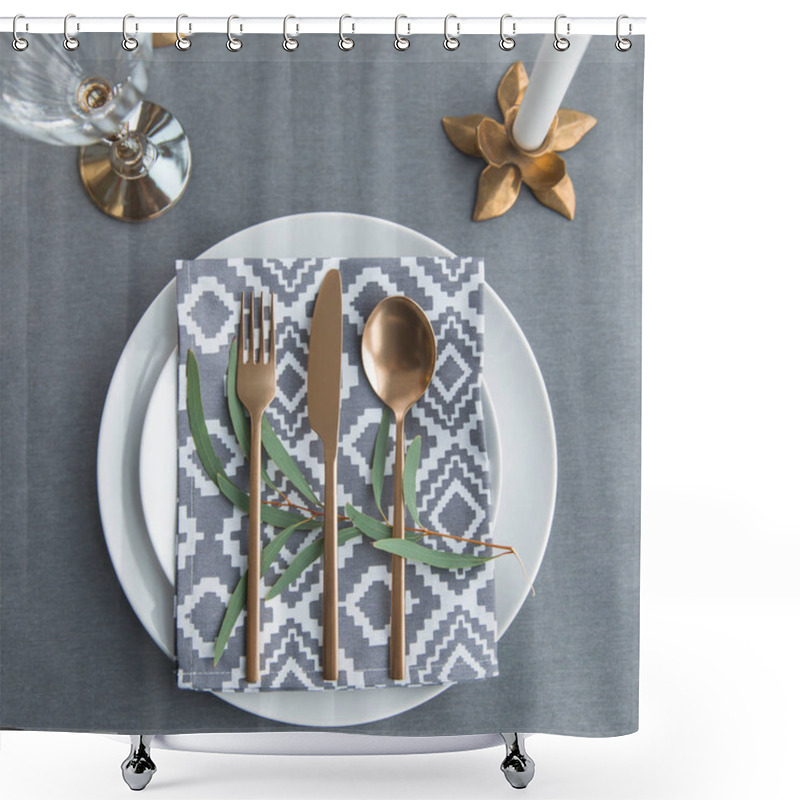 Personality  Flat Lay With Old Fashioned Cutlery, Napkin, Green Plant On Plates On Tabletop  Shower Curtains