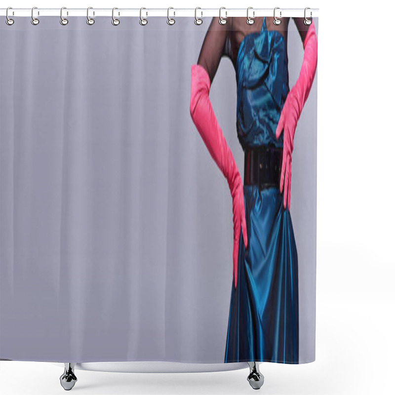 Personality  Cropped View Of Trendy Young Woman In Cocktail Dress And Pink Gloves Touching Hip And Posing Isolated On Grey, Modern Generation Z Fashion Concept, Details, Belt, Feminine, Banner  Shower Curtains