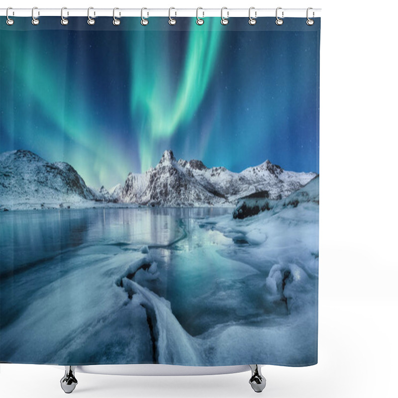 Personality  Aurora Borealis, Lofoten Islands, Norway. Mountains And Frozen Ocean. Winter Landscape In The Night Time. Northen Light - Image Shower Curtains