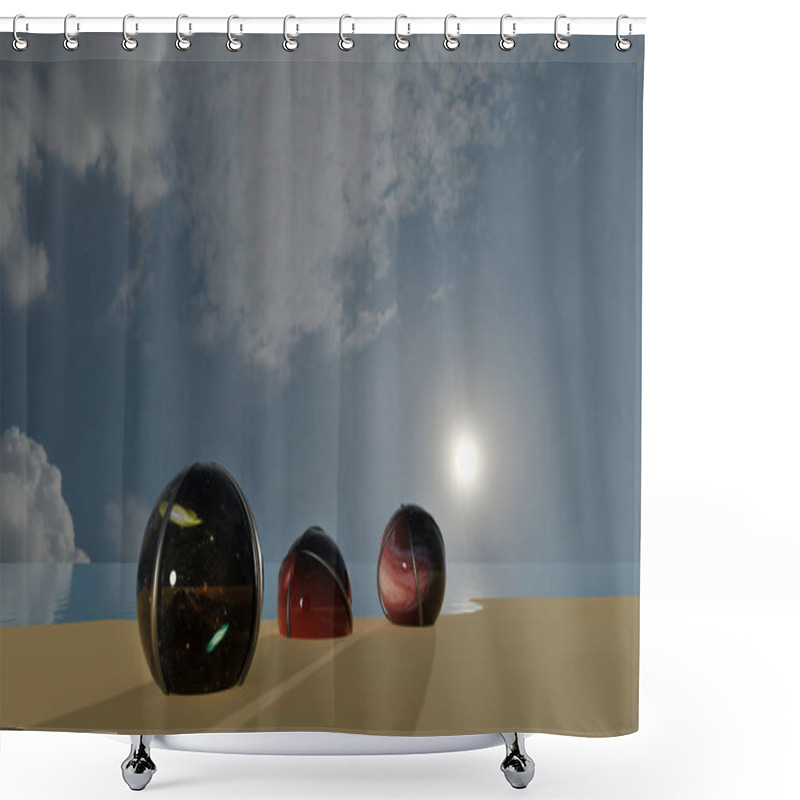 Personality  Multi Universe In Portal Ball On A Beach With Sunset Sea In Background (3D Rendering) Shower Curtains