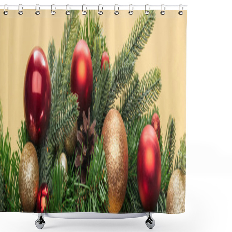 Personality  Top View Of Christmas Tree Branch With Baubles On Yellow Background, Panoramic Shot Shower Curtains