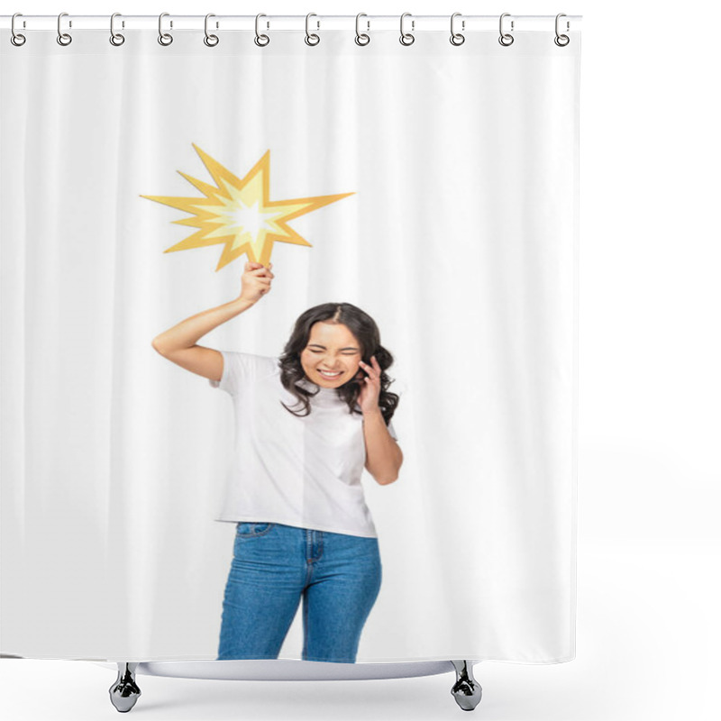 Personality  Frightened Asian Woman With Closed Eyes Holding Bang Sign And Closing Ear Isolated On White Shower Curtains