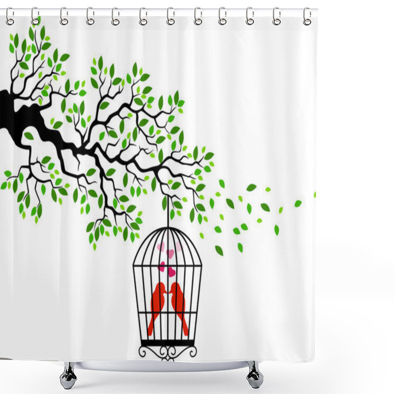 Personality  Tree Silhouette With Birds In A Cage Shower Curtains