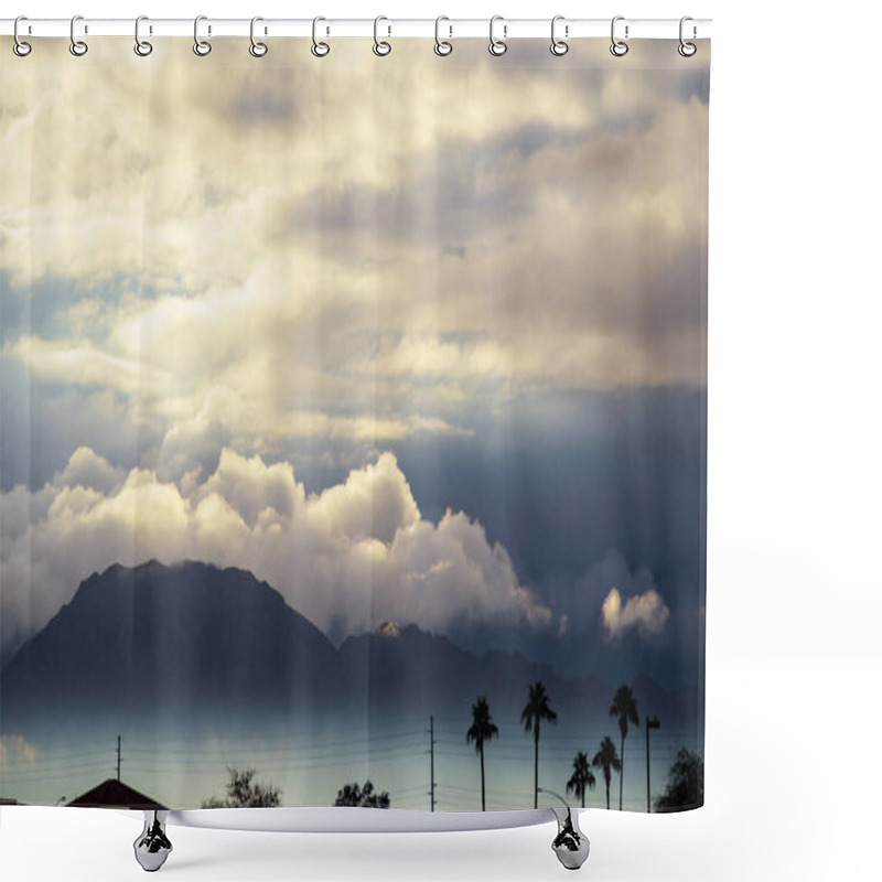 Personality  Morning Mountain Scene In The Silhouette Palm Arizona, USA Shower Curtains