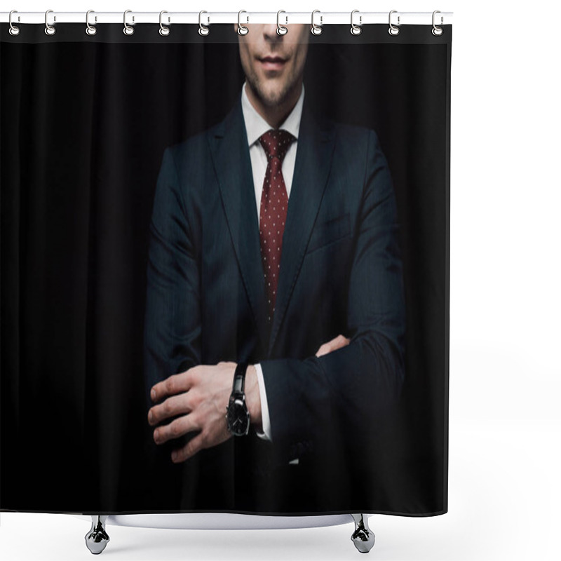 Personality  Partial View Of Businessman Standing With Crossed Arms Isolated On Black Shower Curtains