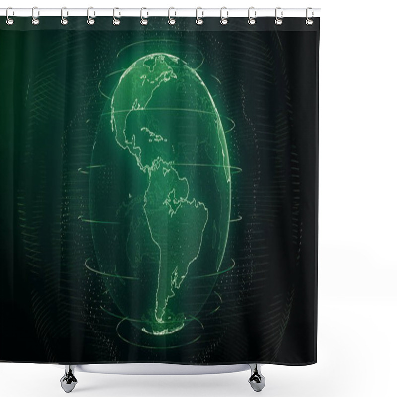 Personality  Futuristic Green Digital Earth America Skyline. Global Data Network Around Planet In Modern Age. Worldwide Internet And Blockchain. Technology, Connectivity, Science And Business Concept 3D Render Shower Curtains