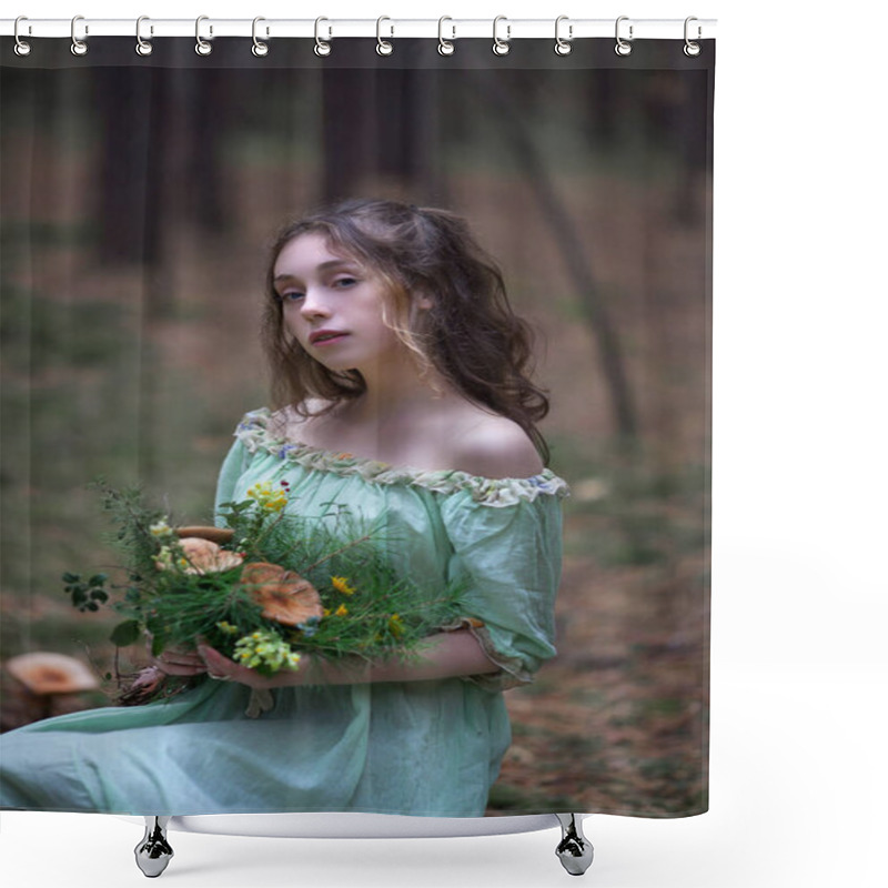 Personality  Fairy Tale About A Fairy In A Magical Forest, A Beautiful Girl In A Green Dress Walks In The Forest With A Bouquet, Mushrooms In A Bouquet Shower Curtains