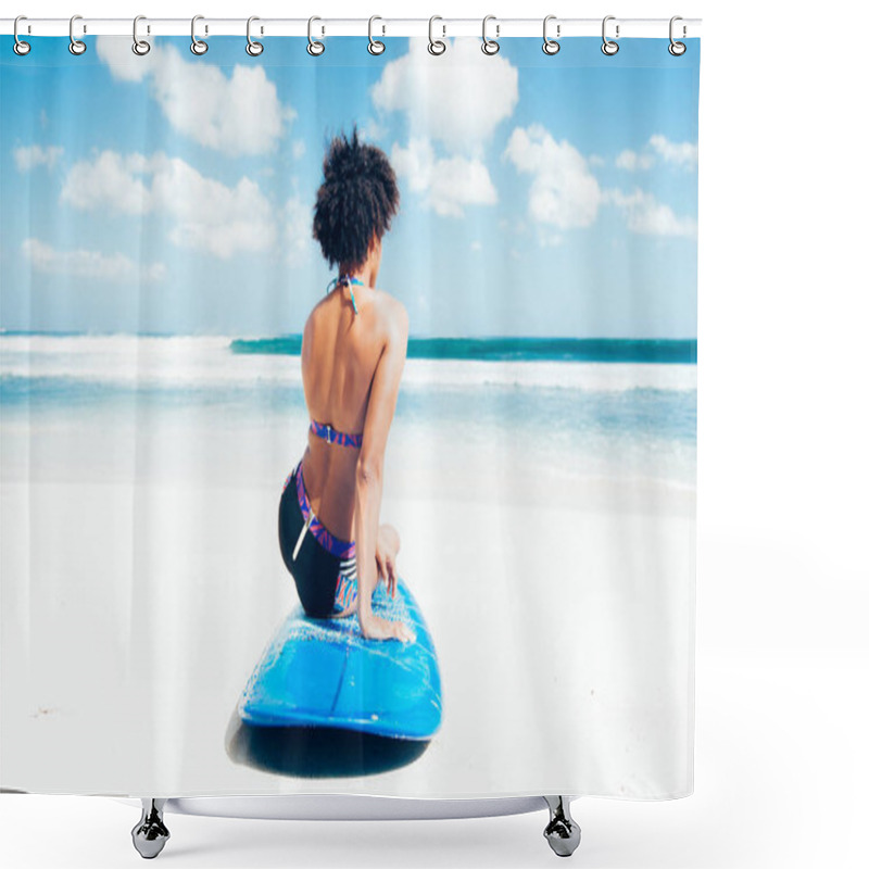 Personality  Surfer Girl With Afro Hairstyle Sitting On Blue Longboard On The White Sand In Front Of A Breathtaking Seascape, Looking At Waves At Dreamland Beach, Bali, Indonesia Shower Curtains