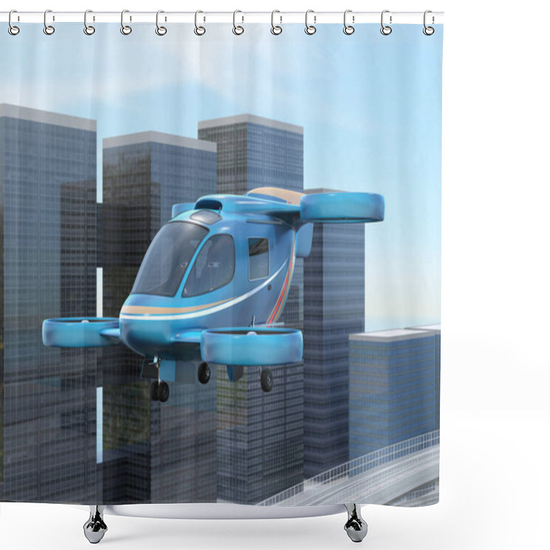 Personality  Metallic Blue Flying Car (air Taxi) Prepare For Landing On The Drone Port. 3D Rendering Image. Shower Curtains