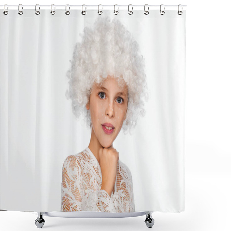 Personality  Portrait Of A Cheerful, Energetic Eight-year-old Girl In A White Wig And With White Freckles. White Background Shower Curtains