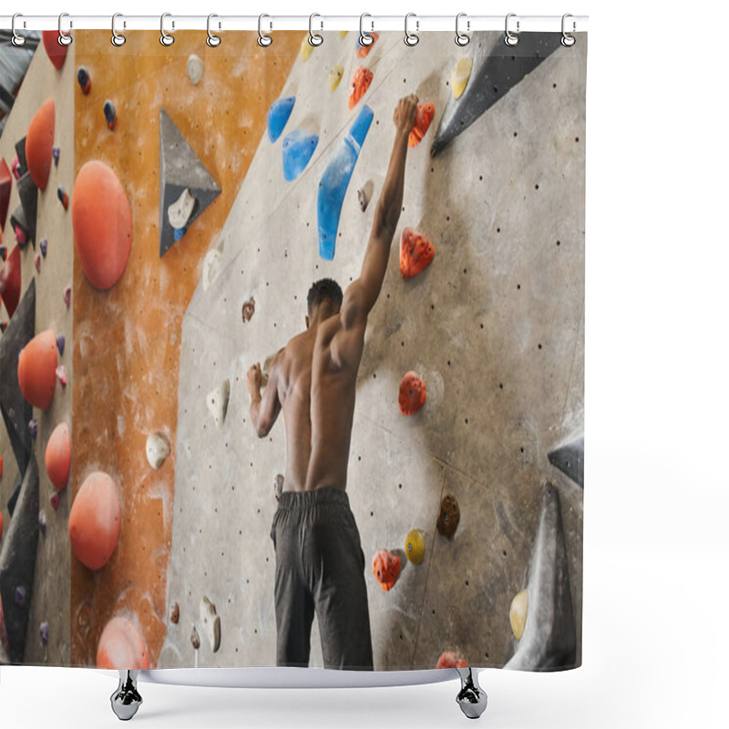 Personality  Shirtless Young African American Man In Black Pants Climbing Up Bouldering Wall And Looking Down Shower Curtains