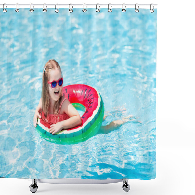 Personality  Child With Watermelon Inflatable Ring In Swimming Pool. Little Girl Learning To Swim In Outdoor Pool Of Tropical Resort. Kid Eye Wear. Water Toys And Floats For Kids. Healthy Sport For Children.  Shower Curtains