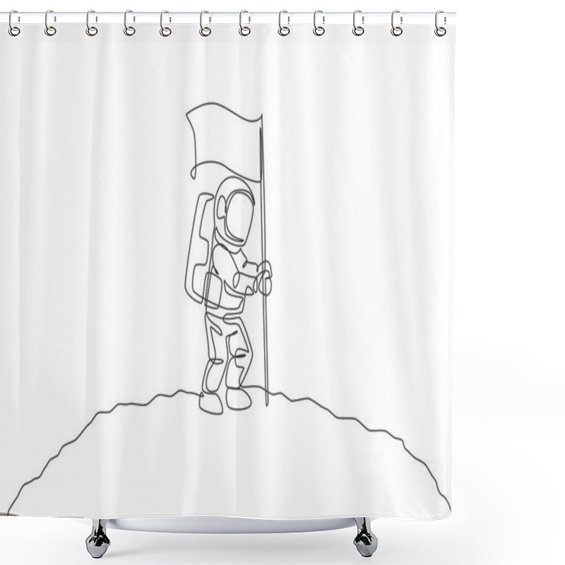 Personality  One Single Line Drawing Of Space Man Astronaut Exploring Cosmic Galaxy, And Planting Flag On Moon Surface Vector Illustration. Fantasy Outer Space Life Fiction Concept. Continuous Line Draw Design Shower Curtains