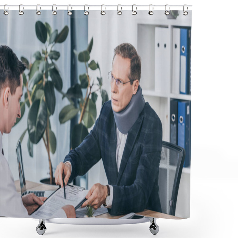 Personality  Businessman In Neck Brace Sitting At Table And Pointing On Form For Compensation Claim To Worker In Office, Compensation Concept Shower Curtains