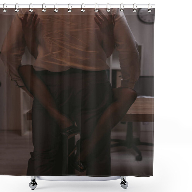 Personality  Back View Of Businessman In Formal Wear Holding Sexy Secretary In Stockings And High Heeled Shoes Shower Curtains