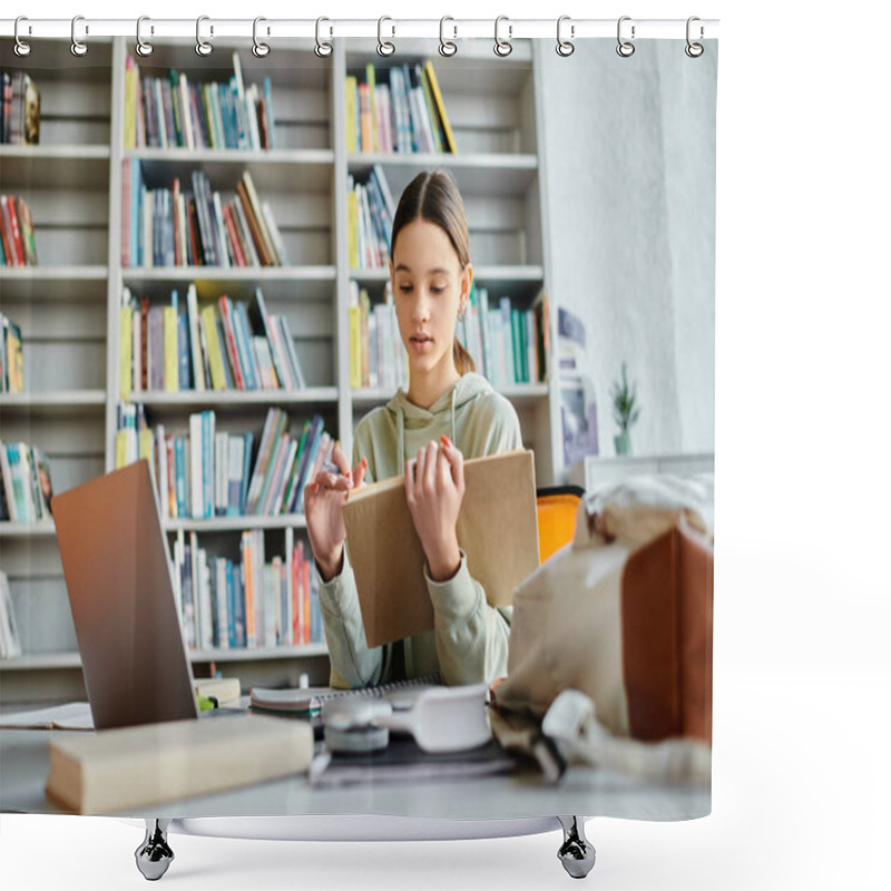 Personality  A Teenage Girl Sits At A Desk Immersed In Her Laptop Amidst A Backdrop Of Bookshelves, Deeply Engrossed In Modern Education. Shower Curtains