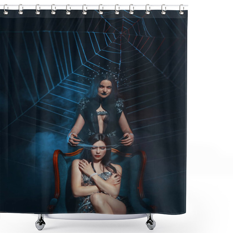 Personality  Fantasy Woman Queen Sitting On Throne. Sexy Silver Dress. Gothic Evil Witch, Weaving Net. Gothic Look. Demon Evil Covers Touches Eyes Face Girl Princess With Spiders Web, Hands With Claws. Halloween Shower Curtains