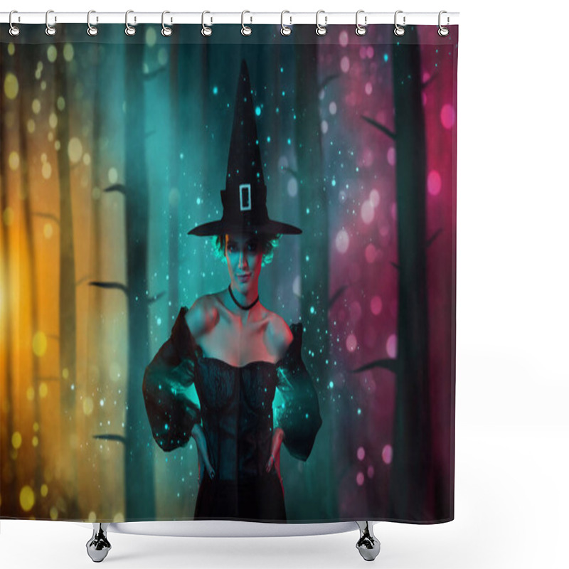 Personality  Picture Magazine Collage Poster Of Dangerous Wicked Lady On Nightmare Halloween Carnival In Dark Haunted Mystic Woods. Shower Curtains