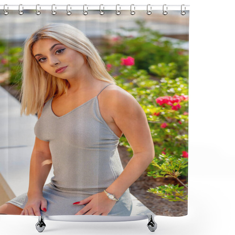 Personality  A Beautiful Young Woman Strolls Through Her Quaint Small Town, Basking In The Warmth Of Spring. Surrounded By Blooming Flowers And Fresh Air, She Radiates Joy, Enjoying The Peaceful Solitude. Shower Curtains