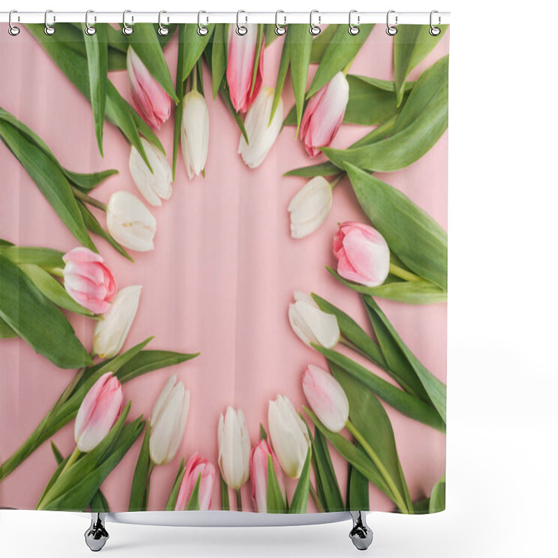 Personality  Top View Of Circle Frame With Pink And White Spring Tulips Isolated On Pink Shower Curtains