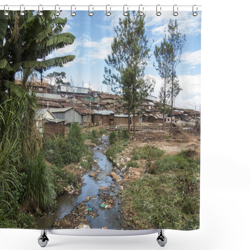 Personality  View Of Kibera Slum In Kenya, With Polluted Water In Foreground. Shower Curtains